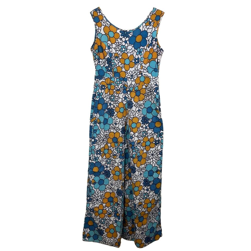 Ratlee Vintage 60s 70s Jumpsuit Women’s S Cotton Floral Wide Leg Mod Blue